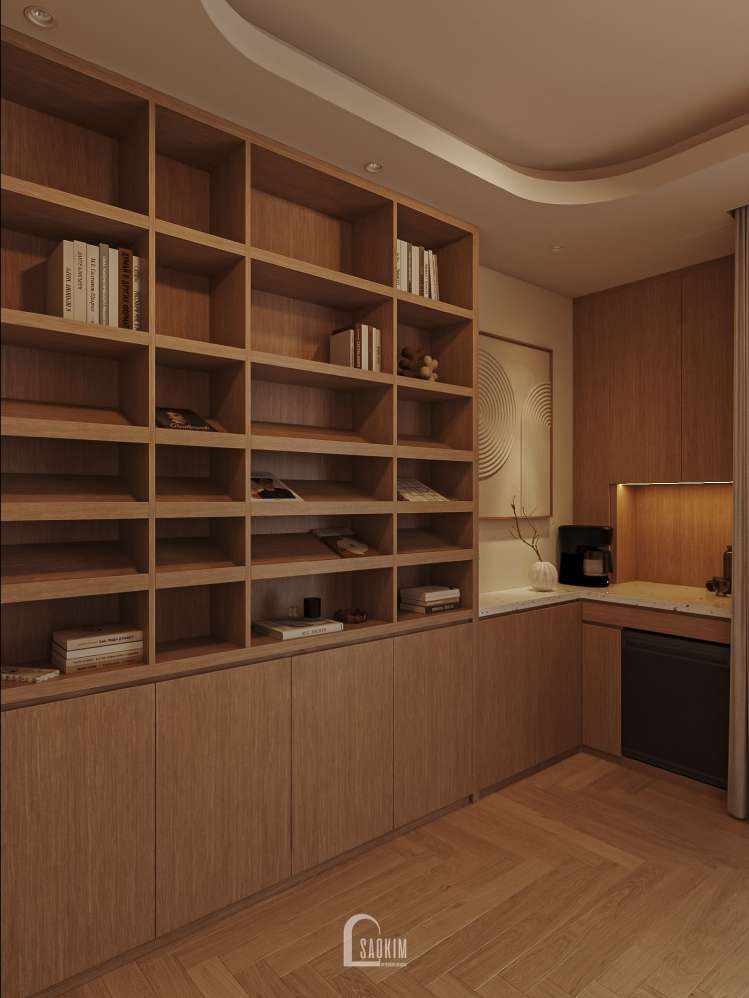 Thiết kế không gian phòng làm việc liền kề xẻ khe Ánh Dương khu đô thị Vinhomes Ocean Park 3 phong cách Contemporary mix Mid - Century